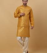 Men's Yellow Kurta and Churidar With Jacquard Floral Nehru Jacket