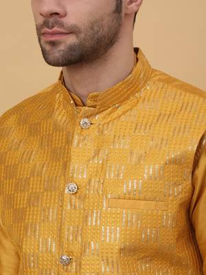 Men's Yellow Kurta and Churidar With Jacquard Floral Nehru Jacket 2
