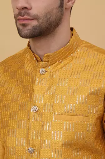 Men's Yellow Kurta and Churidar With Jacquard Floral Nehru Jacket