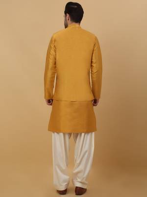 Men's Yellow Kurta and Churidar With Jacquard Floral Nehru Jacket 3