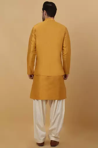 Men's Yellow Kurta and Churidar With Jacquard Floral Nehru Jacket