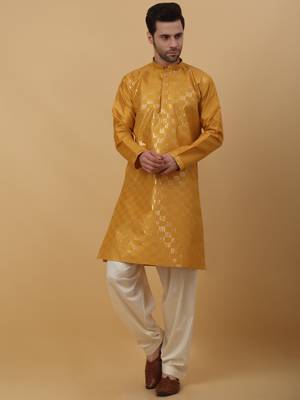 Men's Yellow Kurta and Churidar With Jacquard Floral Nehru Jacket 4