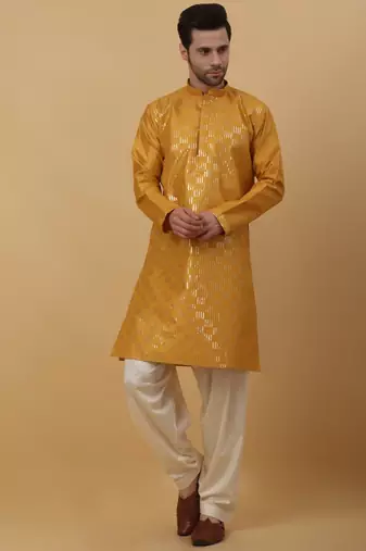 Men's Yellow Kurta and Churidar With Jacquard Floral Nehru Jacket
