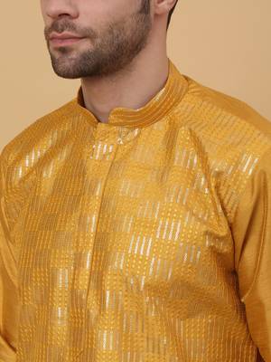 Men's Yellow Kurta and Churidar With Jacquard Floral Nehru Jacket 5