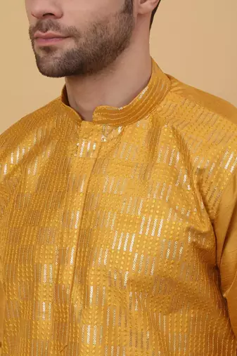 Men's Yellow Kurta and Churidar With Jacquard Floral Nehru Jacket