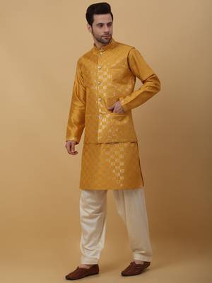 Men's Yellow Kurta and Churidar With Jacquard Floral Nehru Jacket 6