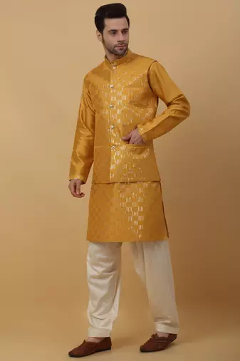 Men's Yellow Kurta and Churidar With Jacquard Floral Nehru Jacket