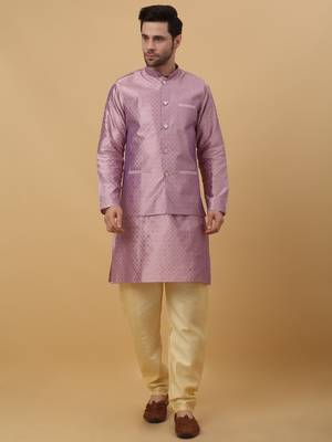 Men's Purple Kurta and Churidar With Jacquard Floral Nehru Jacket 1