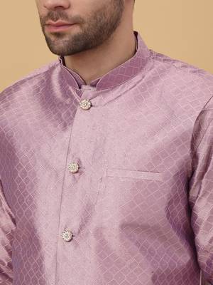 Men's Purple Kurta and Churidar With Jacquard Floral Nehru Jacket 2