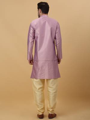 Men's Purple Kurta and Churidar With Jacquard Floral Nehru Jacket 3