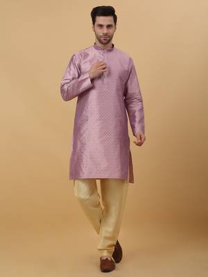 Men's Purple Kurta and Churidar With Jacquard Floral Nehru Jacket 4