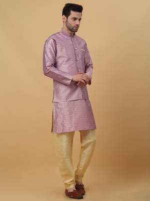 Men's Purple Kurta and Churidar With Jacquard Floral Nehru Jacket 6