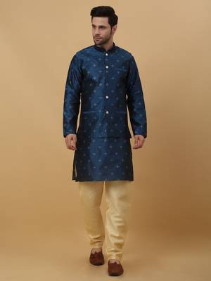 Men's Blue Sequenced Kurta and Churidar With Jacquard Floral Blue Nehru Jacket 1