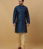 Men's Blue Sequenced Kurta and Churidar With Jacquard Floral Blue Nehru Jacket