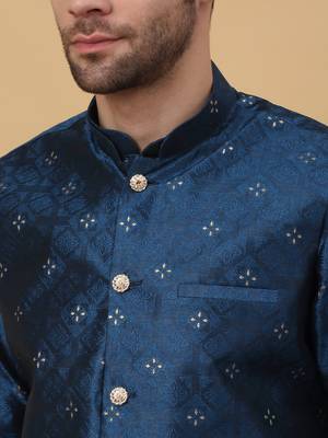 Men's Blue Sequenced Kurta and Churidar With Jacquard Floral Blue Nehru Jacket 2