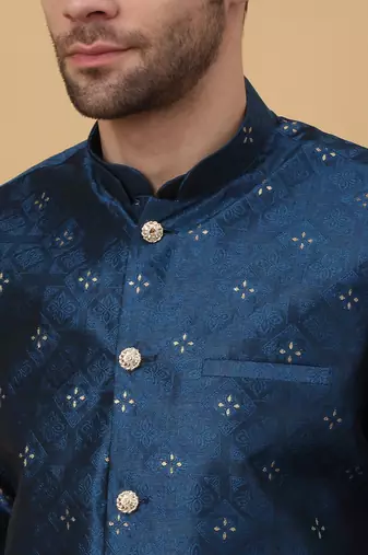 Men's Blue Sequenced Kurta and Churidar With Jacquard Floral Blue Nehru Jacket