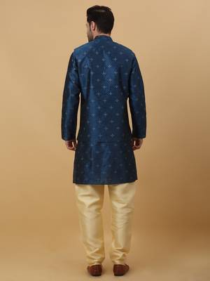 Men's Blue Sequenced Kurta and Churidar With Jacquard Floral Blue Nehru Jacket 3