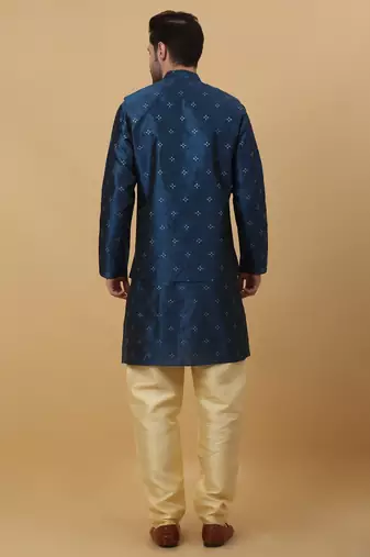 Men's Blue Sequenced Kurta and Churidar With Jacquard Floral Blue Nehru Jacket