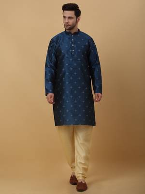 Men's Blue Sequenced Kurta and Churidar With Jacquard Floral Blue Nehru Jacket 4