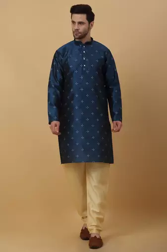 Men's Blue Sequenced Kurta and Churidar With Jacquard Floral Blue Nehru Jacket