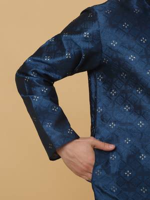 Men's Blue Sequenced Kurta and Churidar With Jacquard Floral Blue Nehru Jacket 5