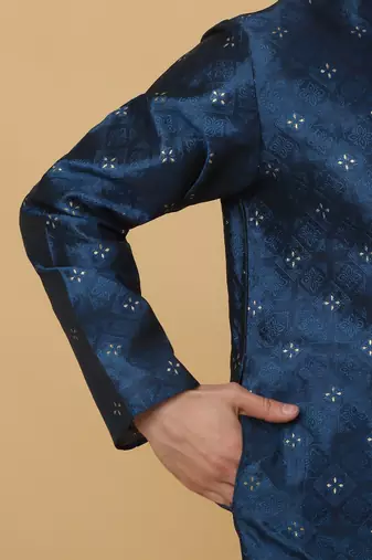 Men's Blue Sequenced Kurta and Churidar With Jacquard Floral Blue Nehru Jacket
