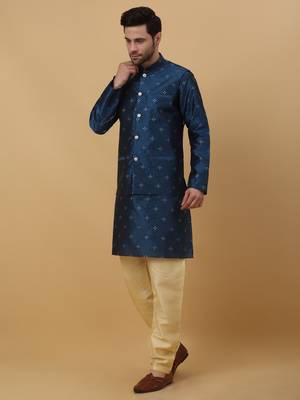Men's Blue Sequenced Kurta and Churidar With Jacquard Floral Blue Nehru Jacket 6