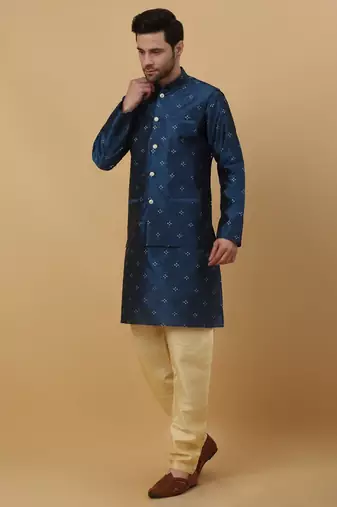 Men's Blue Sequenced Kurta and Churidar With Jacquard Floral Blue Nehru Jacket