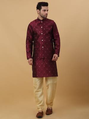 Men's Maroon Sequenced Kurta and Churidar With Jacquard Floral Maroon Nehru Jacket 1