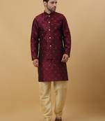 Men's Maroon Sequenced Kurta and Churidar With Jacquard Floral Maroon Nehru Jacket