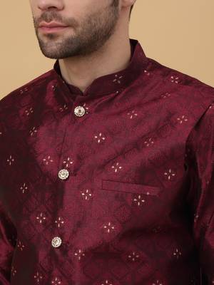 Men's Maroon Sequenced Kurta and Churidar With Jacquard Floral Maroon Nehru Jacket 2