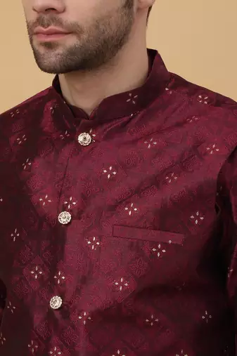 Men's Maroon Sequenced Kurta and Churidar With Jacquard Floral Maroon Nehru Jacket