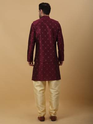 Men's Maroon Sequenced Kurta and Churidar With Jacquard Floral Maroon Nehru Jacket 3