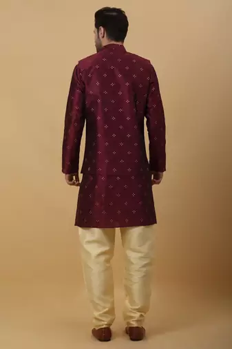 Men's Maroon Sequenced Kurta and Churidar With Jacquard Floral Maroon Nehru Jacket