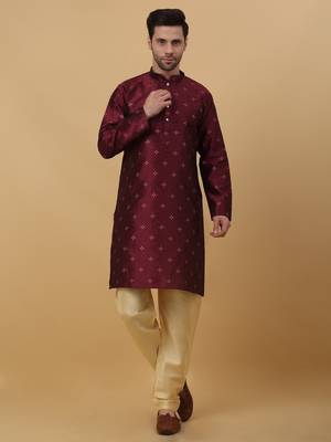 Men's Maroon Sequenced Kurta and Churidar With Jacquard Floral Maroon Nehru Jacket 4
