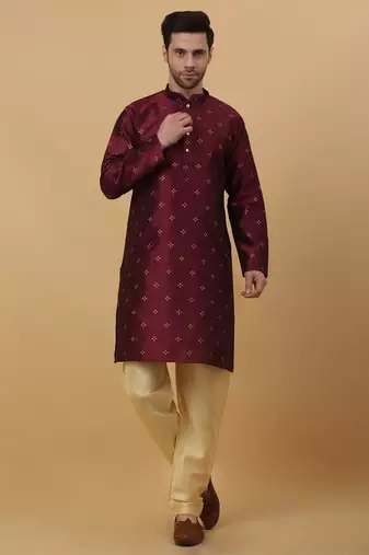 Men's Maroon Sequenced Kurta and Churidar With Jacquard Floral Maroon Nehru Jacket
