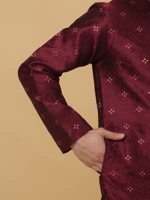 Men's Maroon Sequenced Kurta and Churidar With Jacquard Floral Maroon Nehru Jacket 5