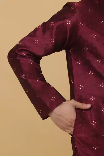 Men's Maroon Sequenced Kurta and Churidar With Jacquard Floral Maroon Nehru Jacket