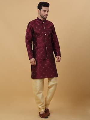 Men's Maroon Sequenced Kurta and Churidar With Jacquard Floral Maroon Nehru Jacket 6