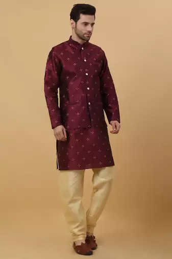 Men's Maroon Sequenced Kurta and Churidar With Jacquard Floral Maroon Nehru Jacket