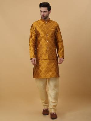 Men's Mustard Sequenced Kurta and Churidar With Jacquard Floral Mustard Nehru Jacket 1