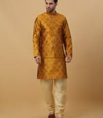 Men's Mustard Sequenced Kurta and Churidar With Jacquard Floral Mustard Nehru Jacket