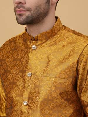 Men's Mustard Sequenced Kurta and Churidar With Jacquard Floral Mustard Nehru Jacket 2