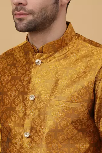 Men's Mustard Sequenced Kurta and Churidar With Jacquard Floral Mustard Nehru Jacket