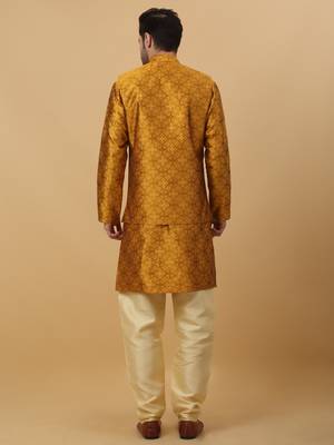 Men's Mustard Sequenced Kurta and Churidar With Jacquard Floral Mustard Nehru Jacket 3