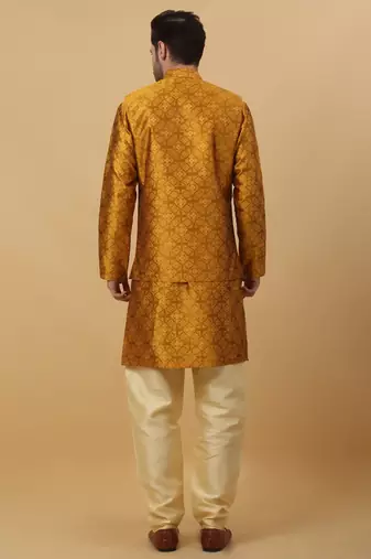 Men's Mustard Sequenced Kurta and Churidar With Jacquard Floral Mustard Nehru Jacket