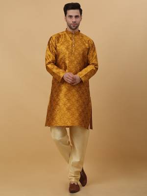 Men's Mustard Sequenced Kurta and Churidar With Jacquard Floral Mustard Nehru Jacket 4
