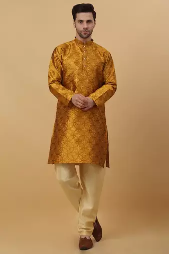 Men's Mustard Sequenced Kurta and Churidar With Jacquard Floral Mustard Nehru Jacket