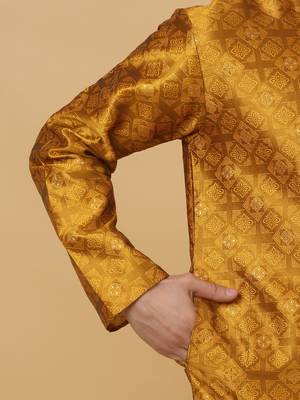 Men's Mustard Sequenced Kurta and Churidar With Jacquard Floral Mustard Nehru Jacket 5