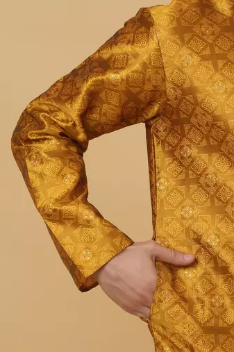 Men's Mustard Sequenced Kurta and Churidar With Jacquard Floral Mustard Nehru Jacket